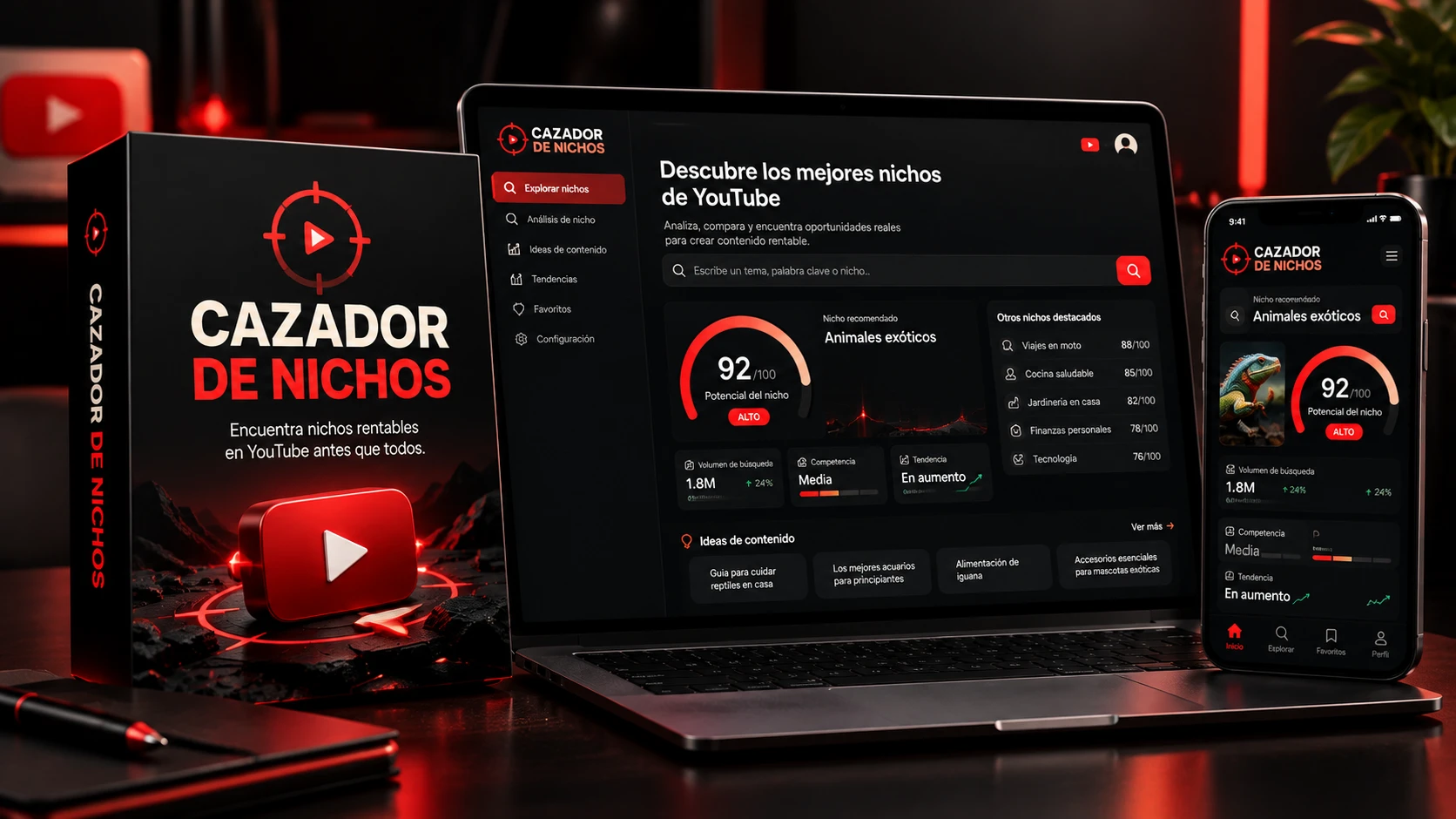Cazador de Nichos: caja del producto, panel en laptop y app en el celular